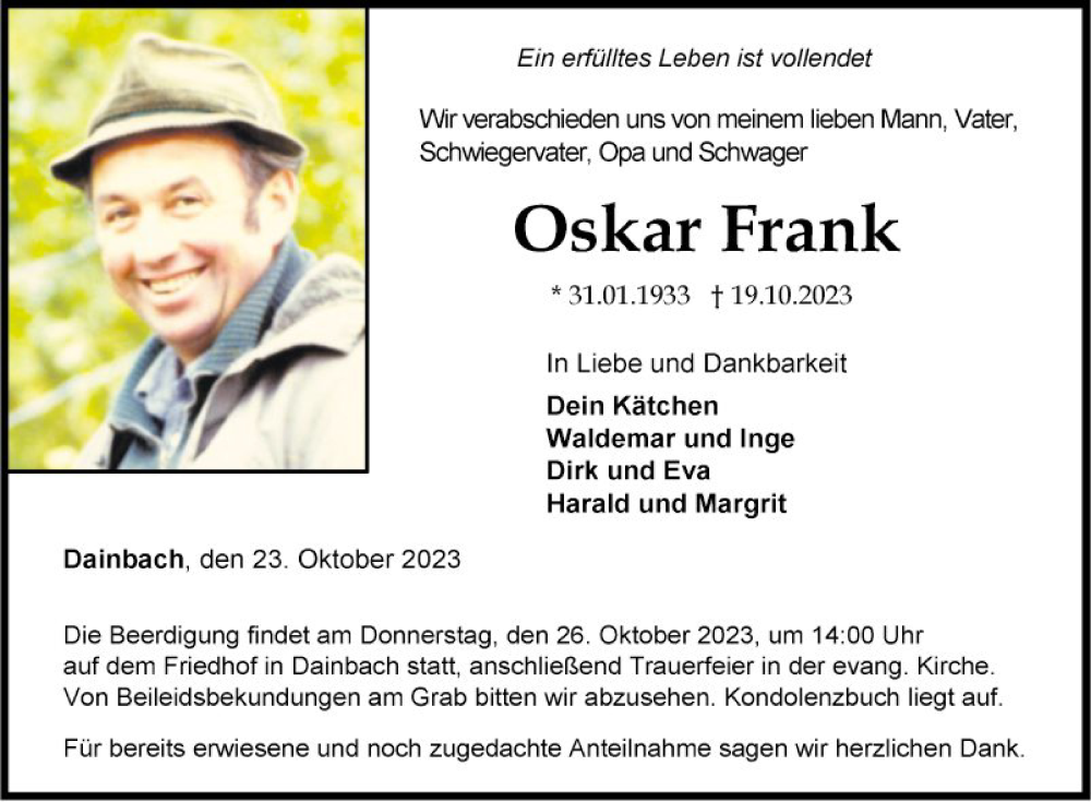  Traueranzeige für Oskar Frank vom 24.10.2023 aus Fränkische Nachrichten