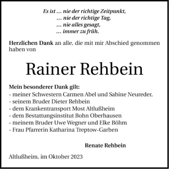 Traueranzeige von Rainer Rehbein von Schwetzinger Zeitung