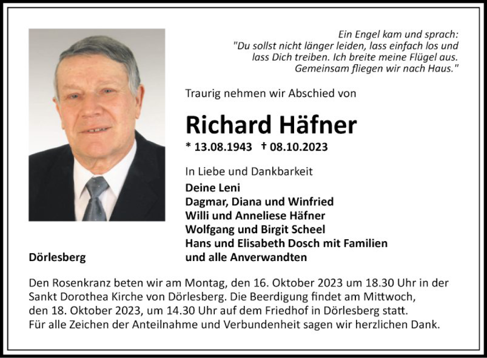  Traueranzeige für Richard Häfner vom 14.10.2023 aus Fränkische Nachrichten
