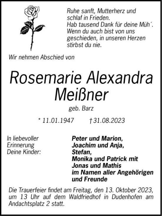 Traueranzeige von Rosemarie Alexandra Meißner von Schwetzinger Zeitung