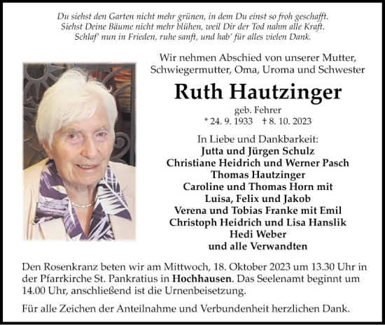 Traueranzeige von Ruth Hautzinger von Fränkische Nachrichten