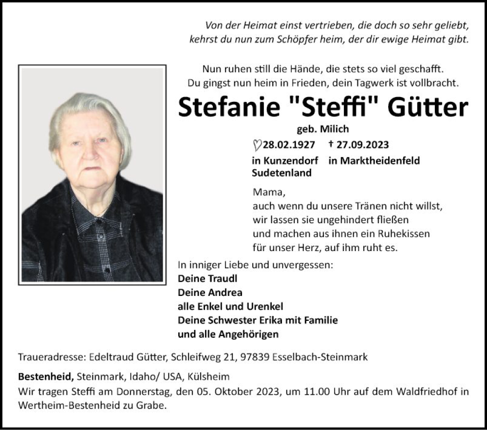  Traueranzeige für Stefanie  Gütter vom 04.10.2023 aus Fränkische Nachrichten