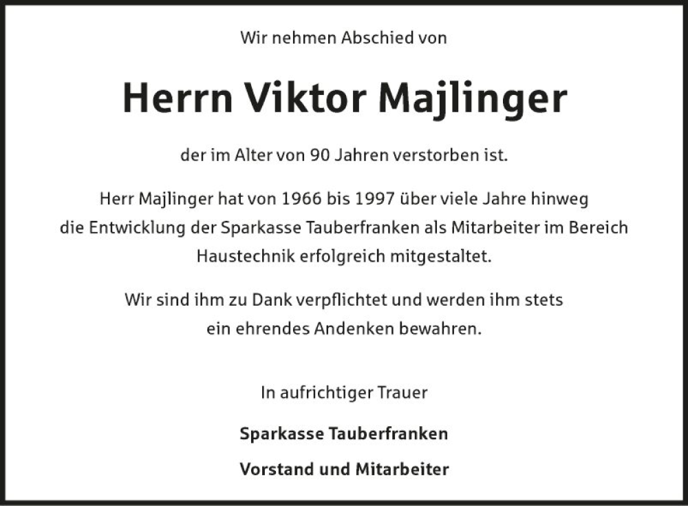  Traueranzeige für Viktor Majlinger vom 07.10.2023 aus Fränkische Nachrichten