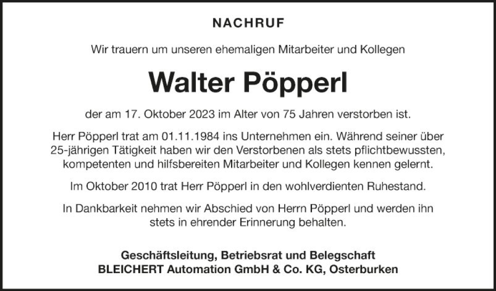  Traueranzeige für Walter Pöpperl vom 30.10.2023 aus Fränkische Nachrichten