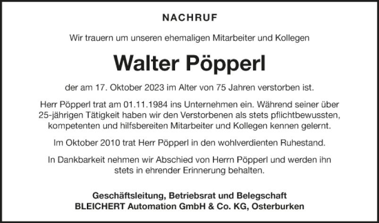 Traueranzeige von Walter Pöpperl von Fränkische Nachrichten