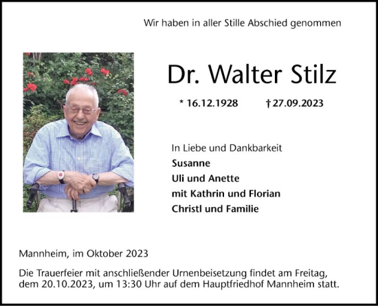 Traueranzeige von Walter Stilz von Mannheimer Morgen