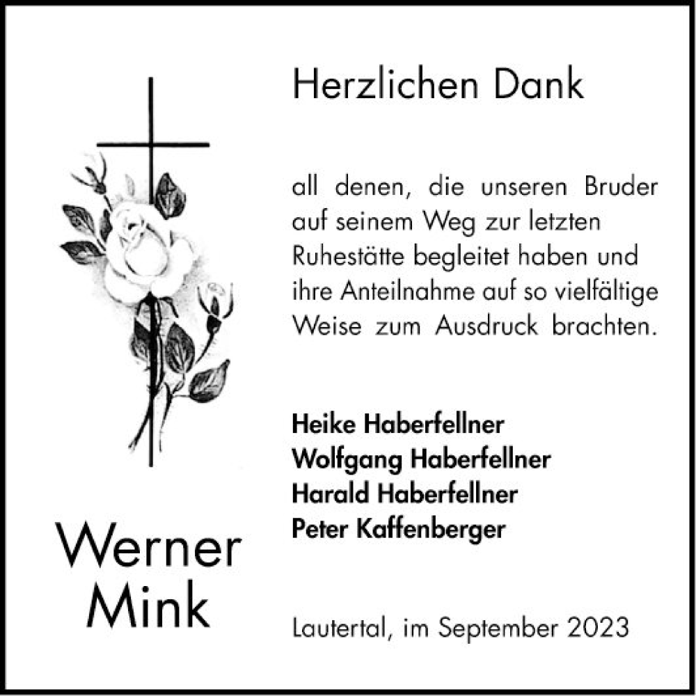  Traueranzeige für Werner Mink vom 07.10.2023 aus Bergsträßer Anzeiger