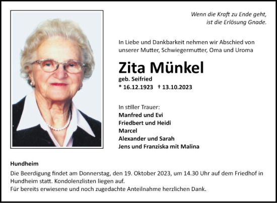 Traueranzeige von Zita Münkel von Fränkische Nachrichten