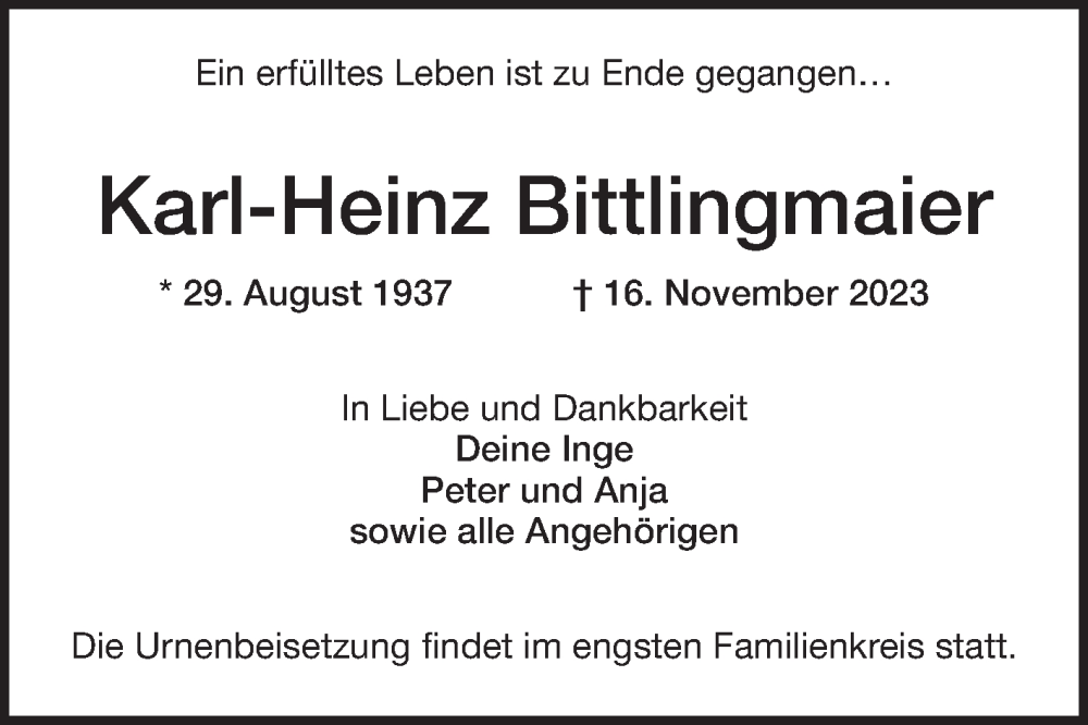  Traueranzeige für Karl-Heinz Bittlingmaier vom 25.11.2023 aus Mannheimer Morgen