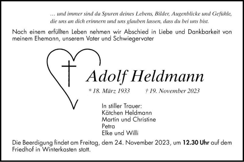  Traueranzeige für Adolf Heldmann vom 22.11.2023 aus Bergsträßer Anzeiger
