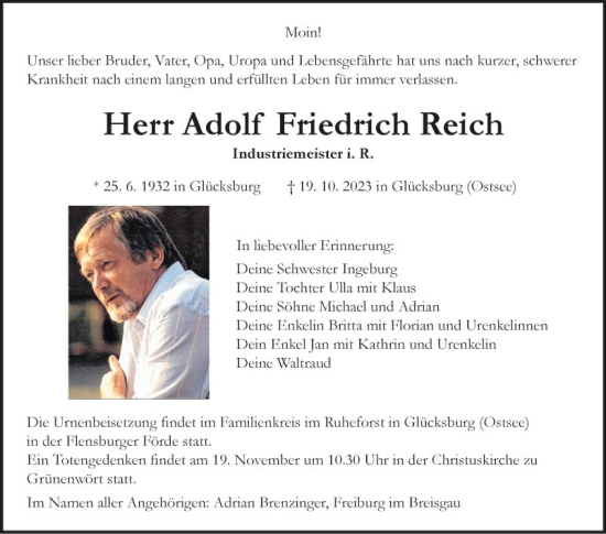 Traueranzeige von Adolf Friedrich Reich von Fränkische Nachrichten