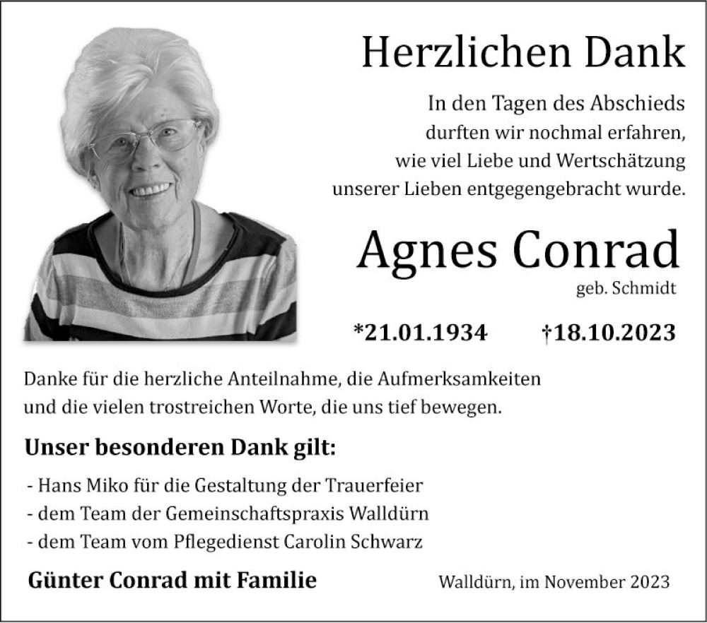  Traueranzeige für Agnes Conrad vom 11.11.2023 aus Fränkische Nachrichten