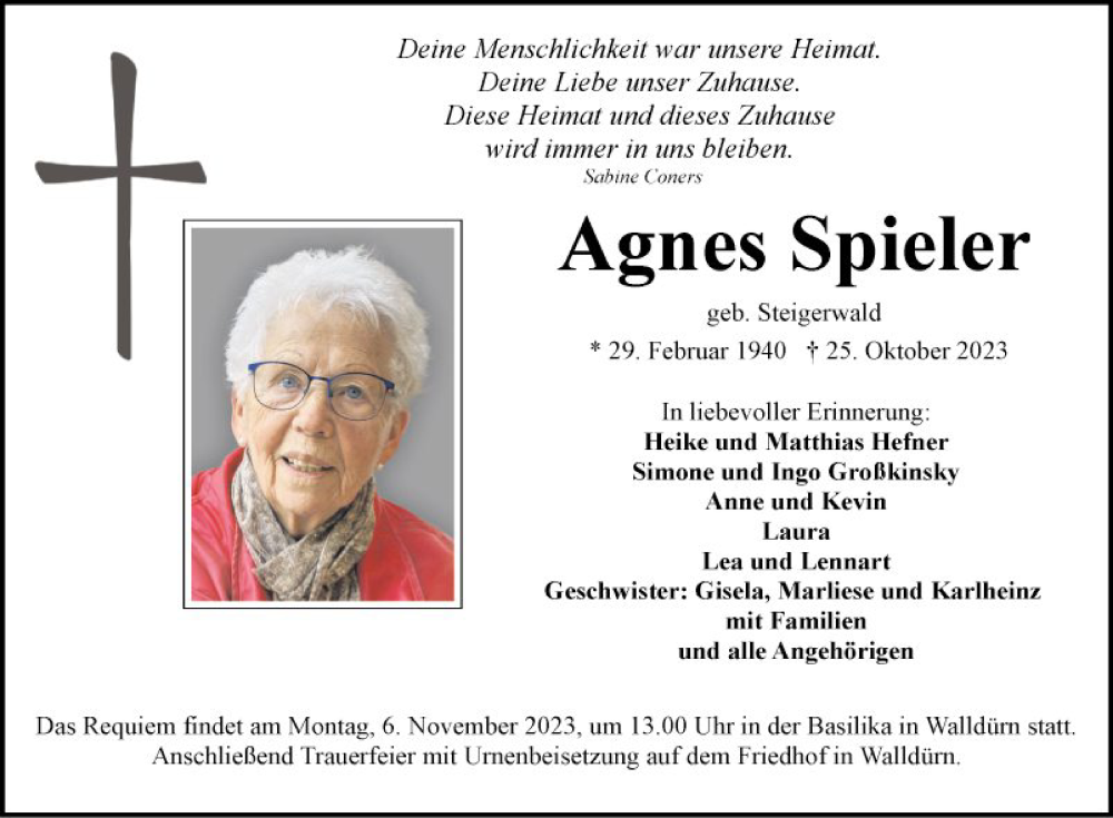  Traueranzeige für Agnes Spieler vom 02.11.2023 aus Fränkische Nachrichten