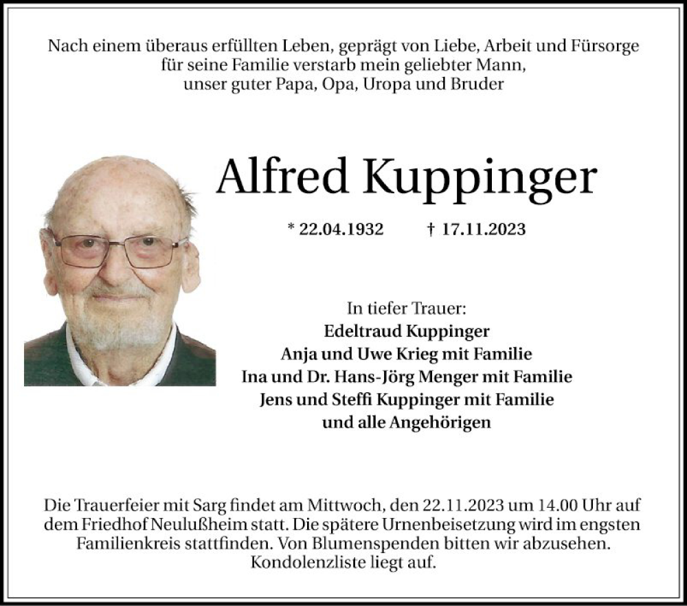  Traueranzeige für Alfred Kuppinger vom 21.11.2023 aus Schwetzinger Zeitung