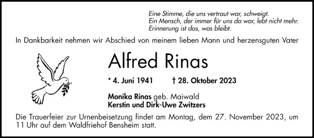  Traueranzeige für Alfred Rinas vom 18.11.2023 aus Bergsträßer Anzeiger