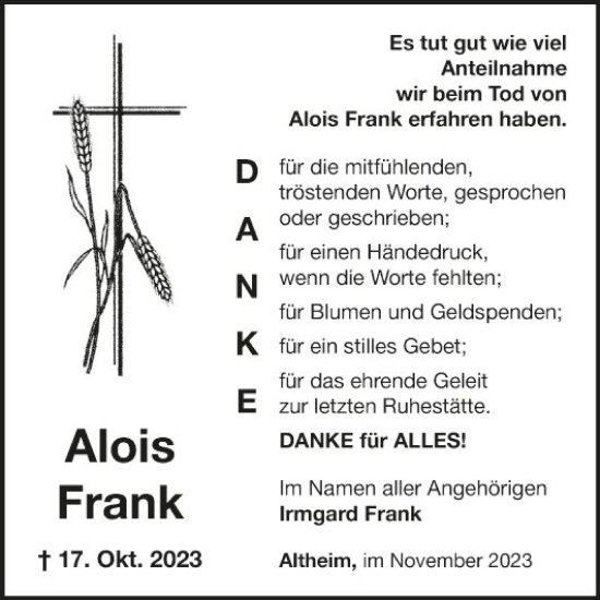 Traueranzeige von Alois Frank von Fränkische Nachrichten
