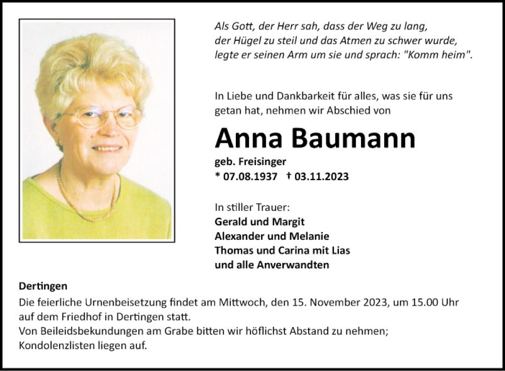  Traueranzeige für Anna Baumann vom 11.11.2023 aus Fränkische Nachrichten