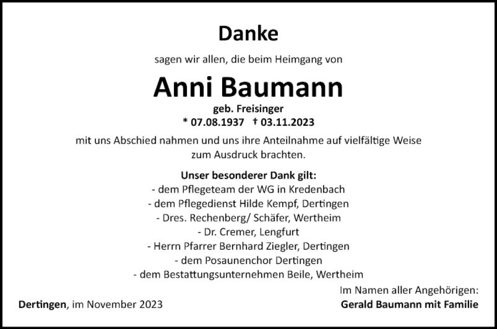  Traueranzeige für Anni Baumann vom 22.11.2023 aus Fränkische Nachrichten