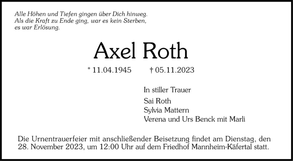  Traueranzeige für Axel Roth vom 18.11.2023 aus Mannheimer Morgen