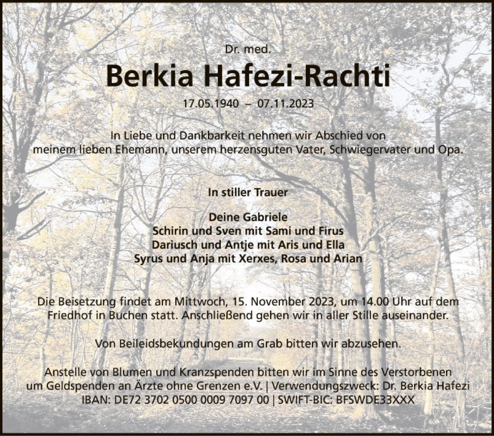  Traueranzeige für Berkia Hafezi-Rachti vom 11.11.2023 aus Fränkische Nachrichten
