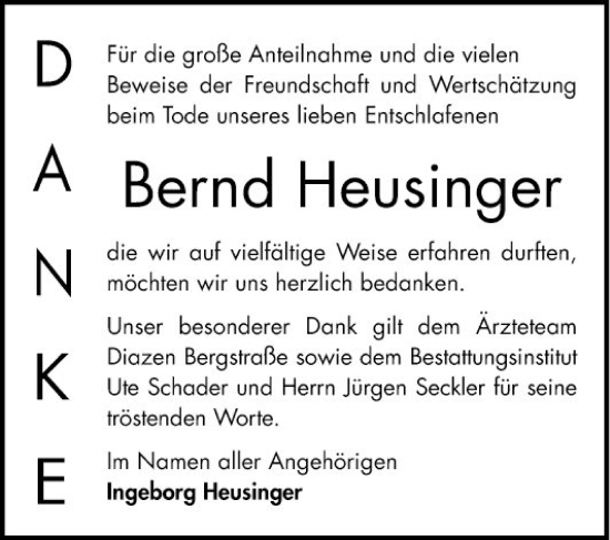 Traueranzeige von Bernd Heusinger von Bergsträßer Anzeiger