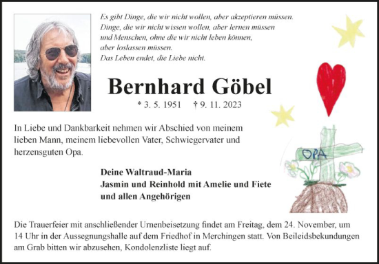 Traueranzeige von Bernhard Göbel von Fränkische Nachrichten