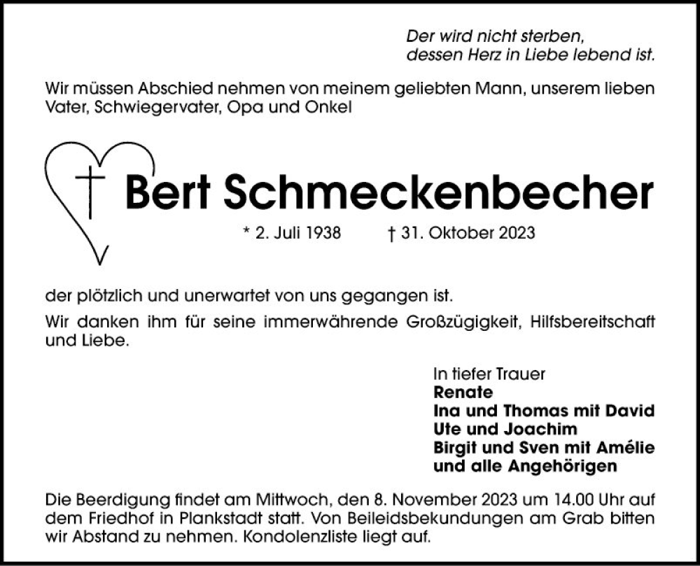  Traueranzeige für Bert Schmeckenbecher vom 04.11.2023 aus Schwetzinger Zeitung