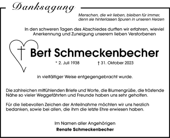 Traueranzeige von Bert Schmeckenbecher von Schwetzinger Zeitung