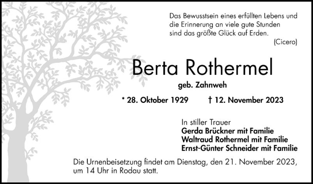  Traueranzeige für Berta Rothermel vom 18.11.2023 aus Bergsträßer Anzeiger