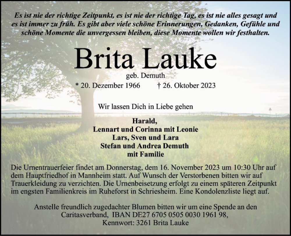  Traueranzeige für Brita Lauke vom 11.11.2023 aus Mannheimer Morgen
