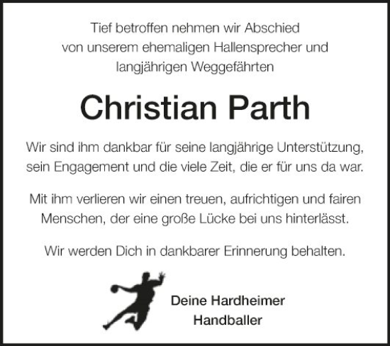 Traueranzeige von Christian Parth von Fränkische Nachrichten