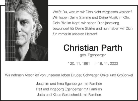 Traueranzeige von Christian Parth von Fränkische Nachrichten