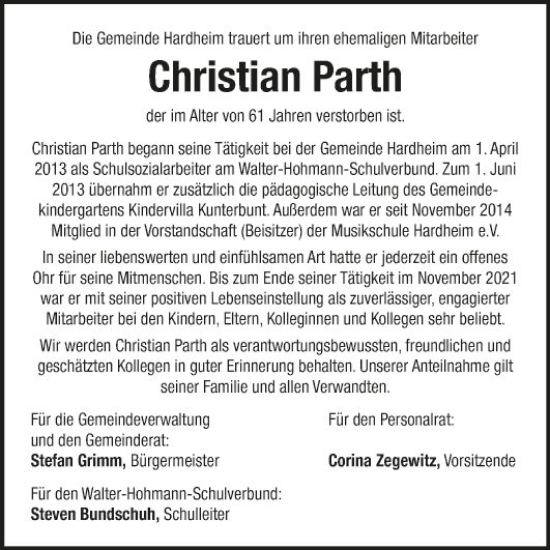 Traueranzeige von Christian Parth von Fränkische Nachrichten