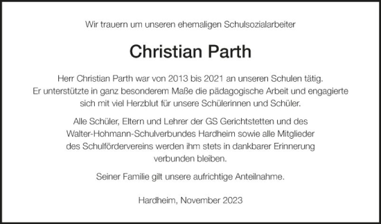 Traueranzeige von Christian Parth von Fränkische Nachrichten