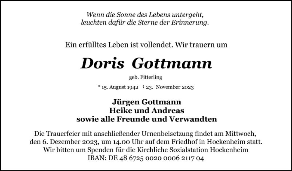  Traueranzeige für Doris Gottmann vom 01.12.2023 aus Schwetzinger Zeitung