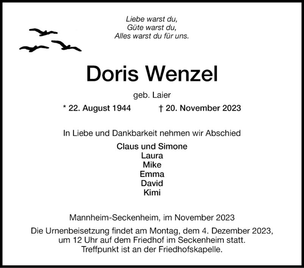 Traueranzeige für Doris Wenzel vom 25.11.2023 aus Mannheimer Morgen