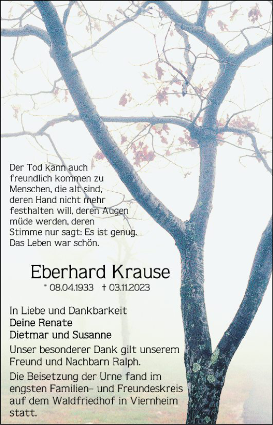 Traueranzeige von Eberhard Krause von Mannheimer Morgen