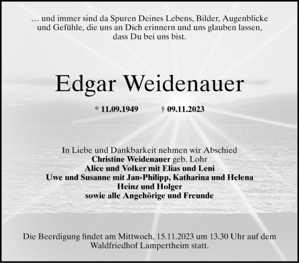  Traueranzeige für Edgar Weidenauer vom 14.11.2023 aus Mannheimer Morgen