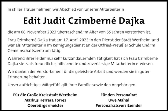 Traueranzeige von Edit Judit Czimberné Dajka von Fränkische Nachrichten