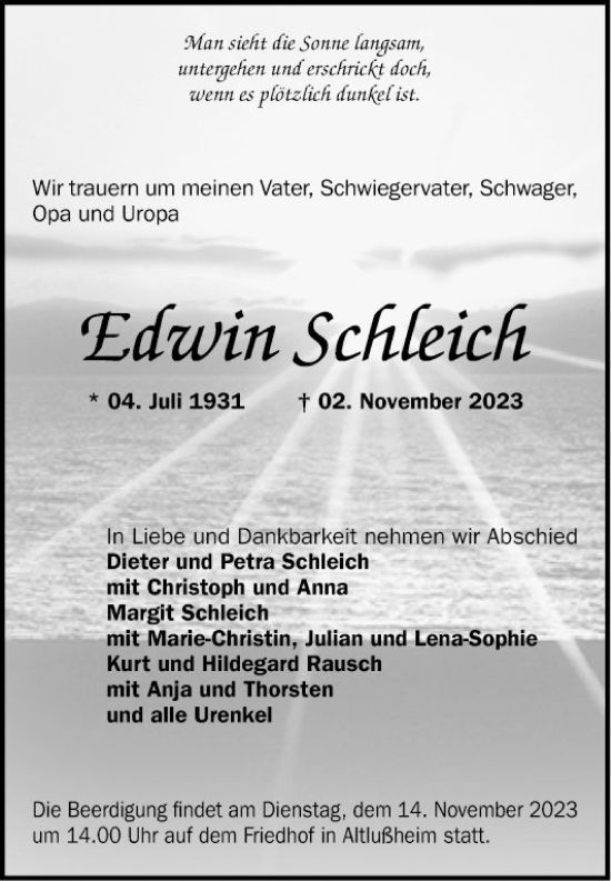 Traueranzeige von Edwin Schleich von Schwetzinger Zeitung