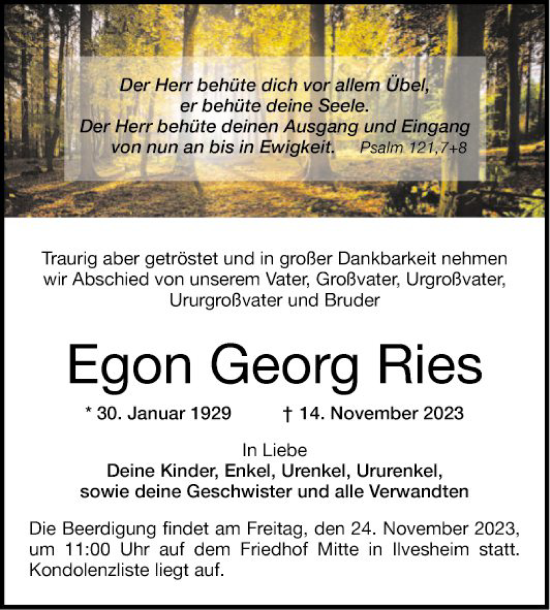 Traueranzeige von Egon Georg Ries von Mannheimer Morgen