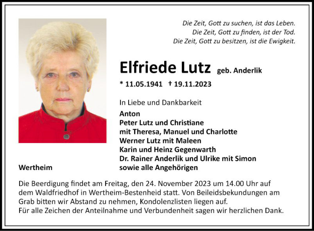  Traueranzeige für Elfriede Lutz vom 22.11.2023 aus Fränkische Nachrichten