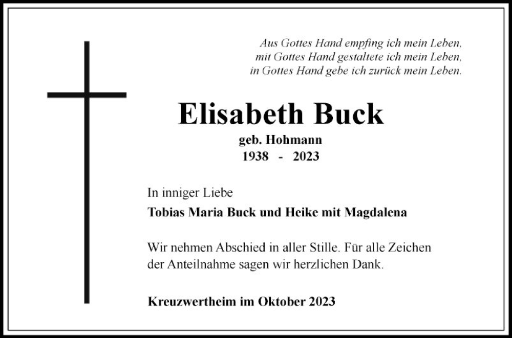  Traueranzeige für Elisabeth Buck vom 04.11.2023 aus Fränkische Nachrichten
