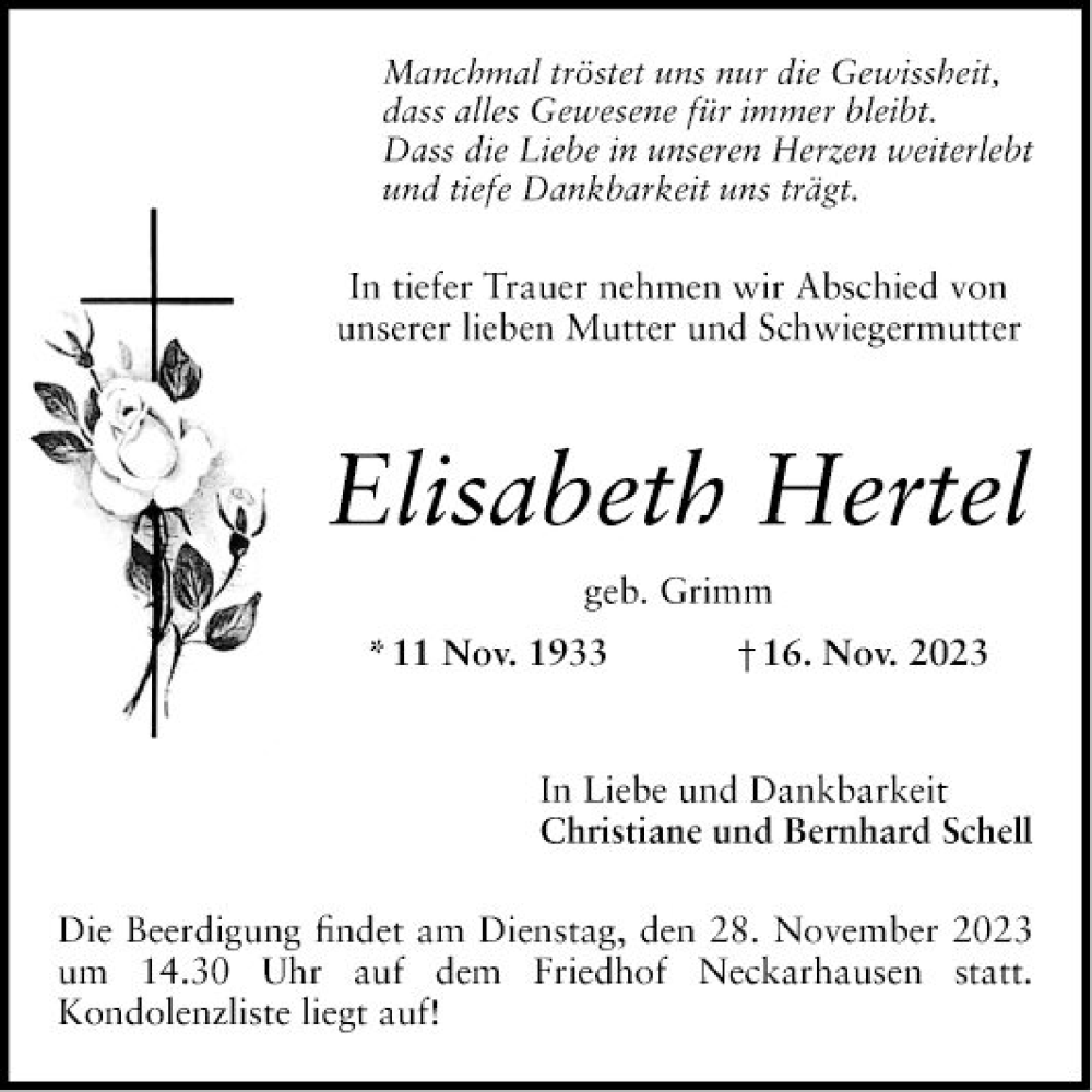  Traueranzeige für Elisabeth Hertel vom 25.11.2023 aus Mannheimer Morgen