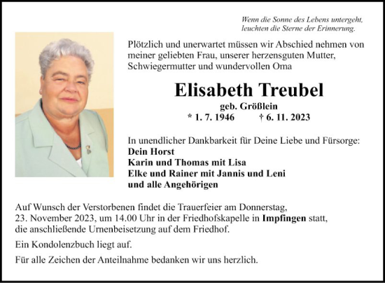 Traueranzeige von Elisabeth Treubel von Fränkische Nachrichten