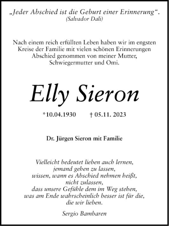 Traueranzeige von Elly Sieron von Mannheimer Morgen