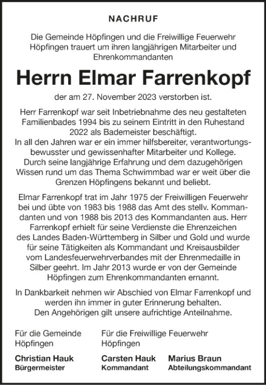 Traueranzeige von Elmar Farrenkopf von Fränkische Nachrichten
