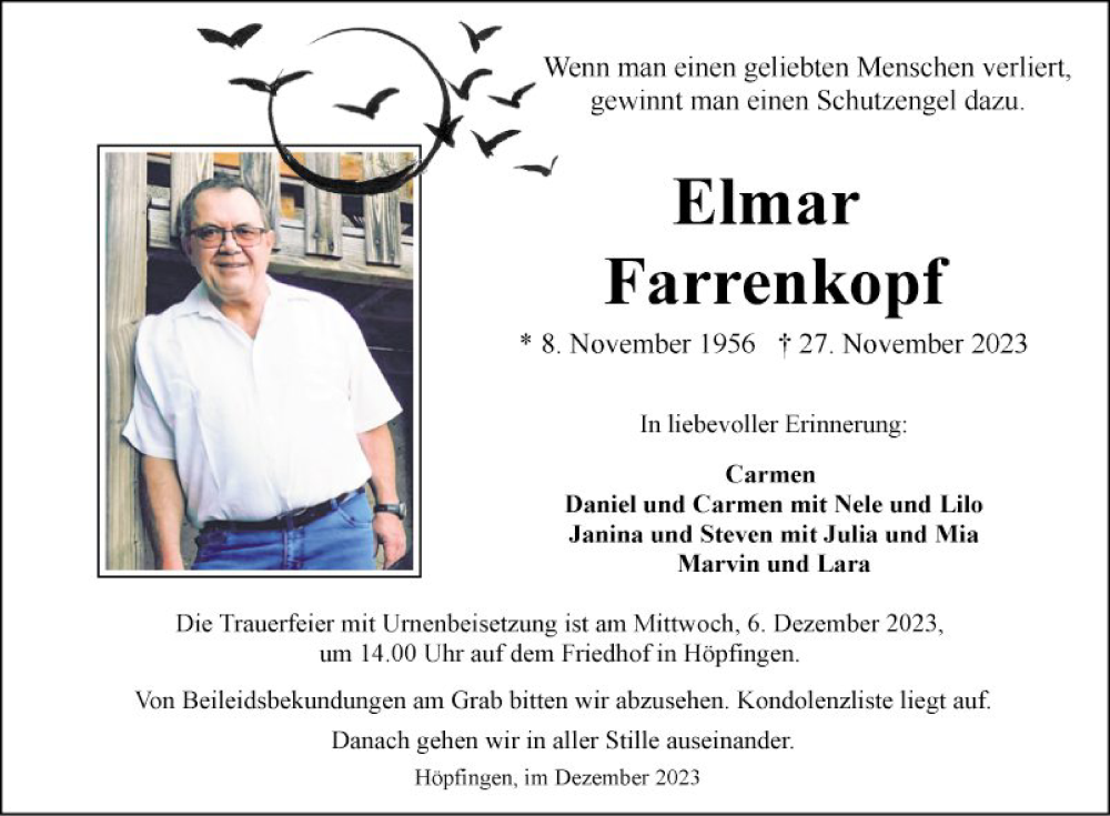  Traueranzeige für Elmar Farrenkopf vom 01.12.2023 aus Fränkische Nachrichten
