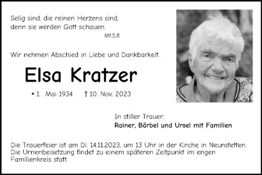  Traueranzeige für Elsa Kratzer vom 14.11.2023 aus Fränkische Nachrichten