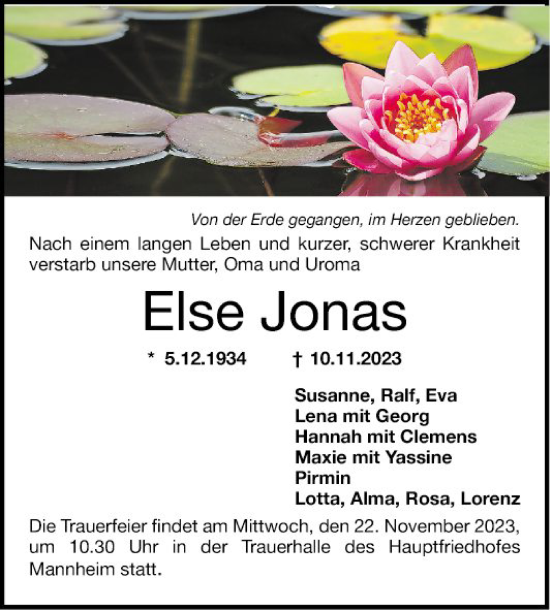 Traueranzeige von Else Jonas von Mannheimer Morgen